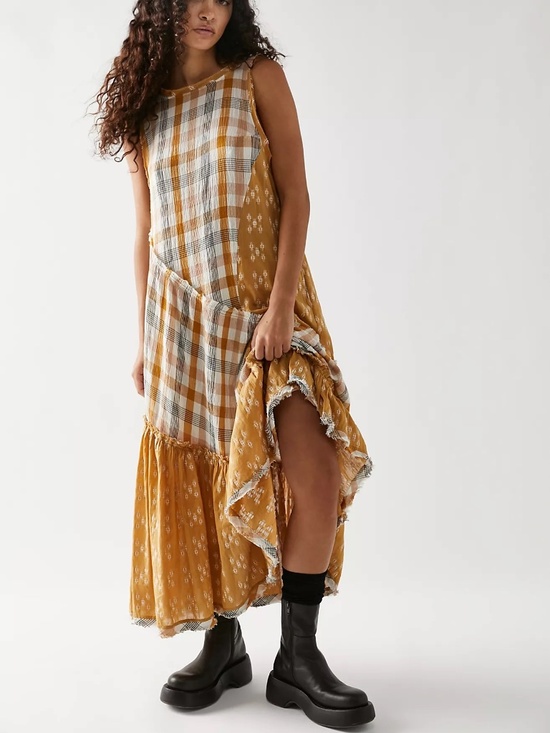 Free People Dresses & Skirts - Free People No Stress Billowy Sleeveless Plaid Patchwork Raw Edge Midi Dress M
